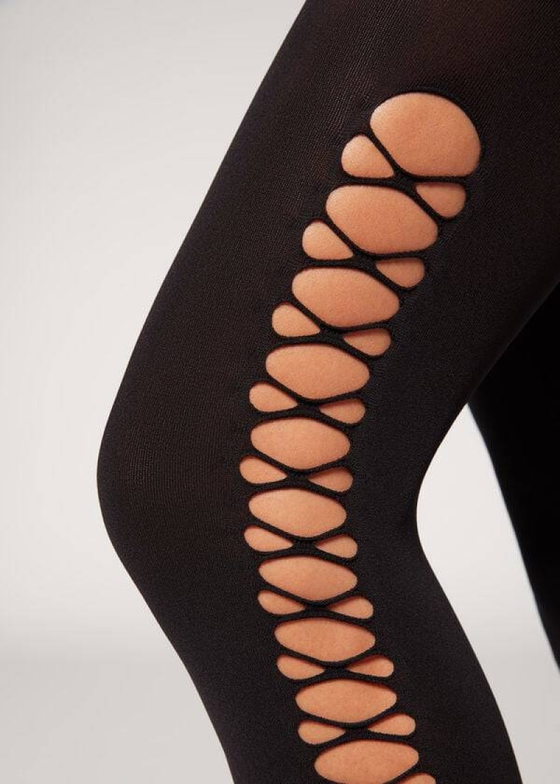 κολαν Calzedonia Crisscross Cut-Out Opaque 90 Denier Patterned γυναικεια μαυρα | GR1090QZ