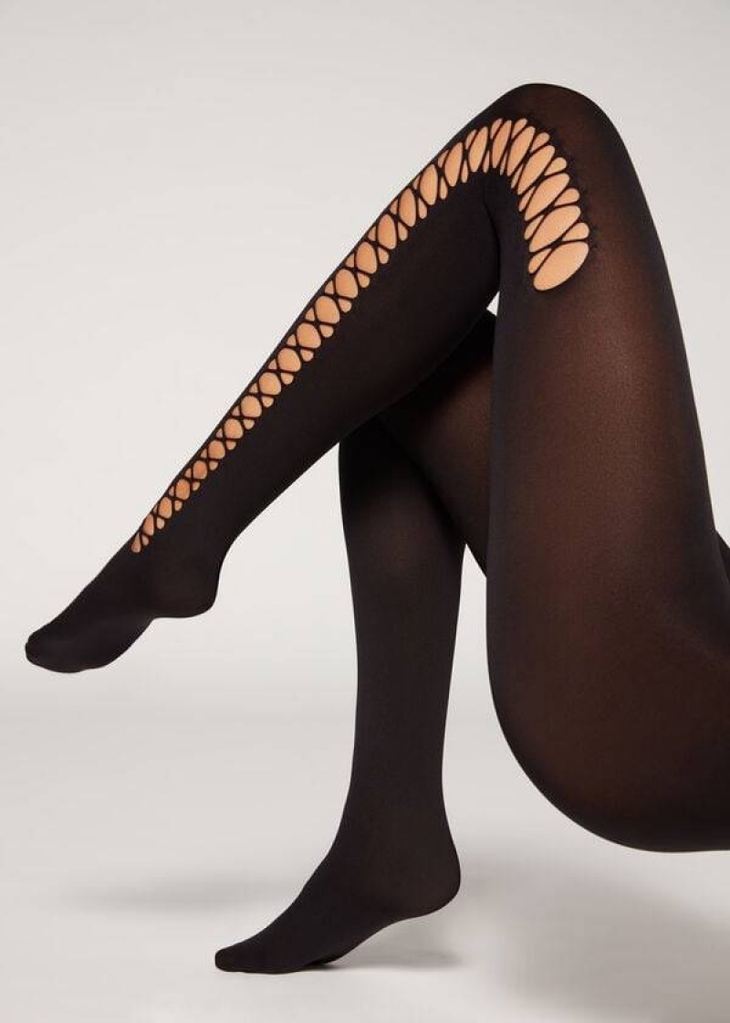 κολαν Calzedonia Crisscross Cut-Out Opaque 90 Denier Patterned γυναικεια μαυρα | GR1090QZ