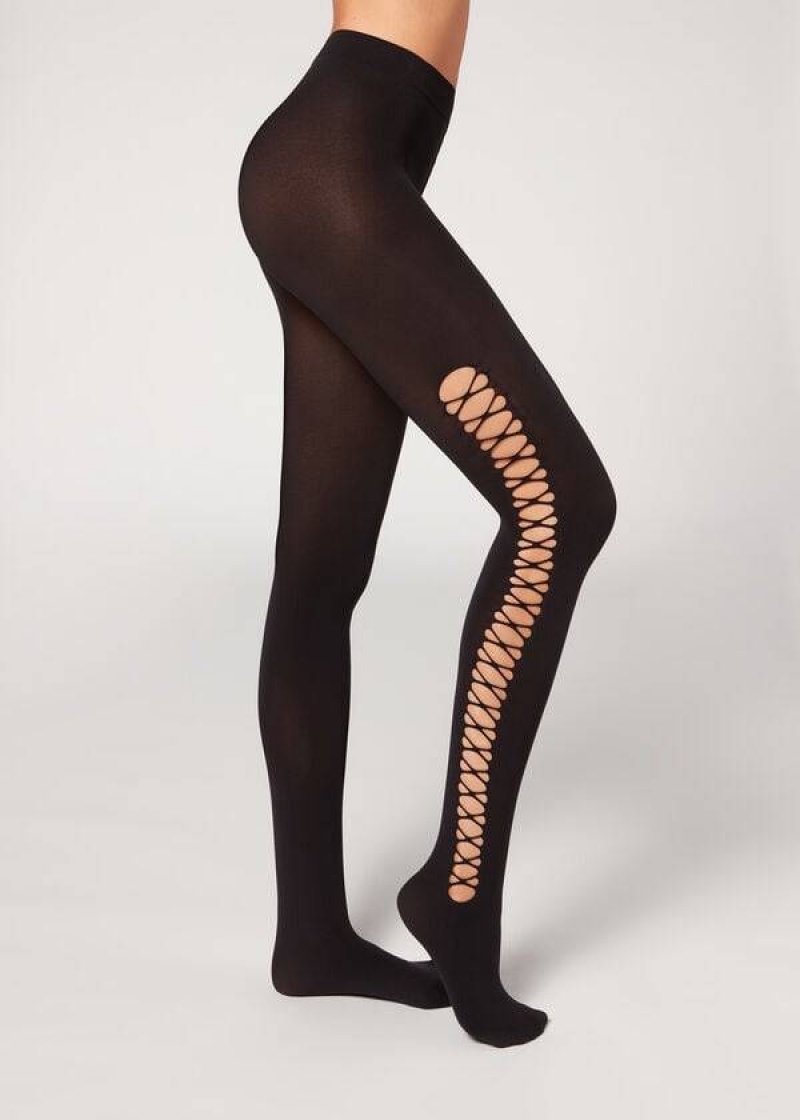 κολαν Calzedonia Crisscross Cut-Out Opaque 90 Denier Patterned γυναικεια μαυρα | GR1090QZ