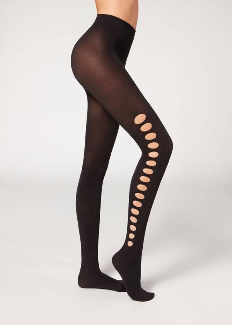 κολαν Calzedonia Cut-Out Opaque 90 Denier Patterned γυναικεια μαυρα | GR1091WY
