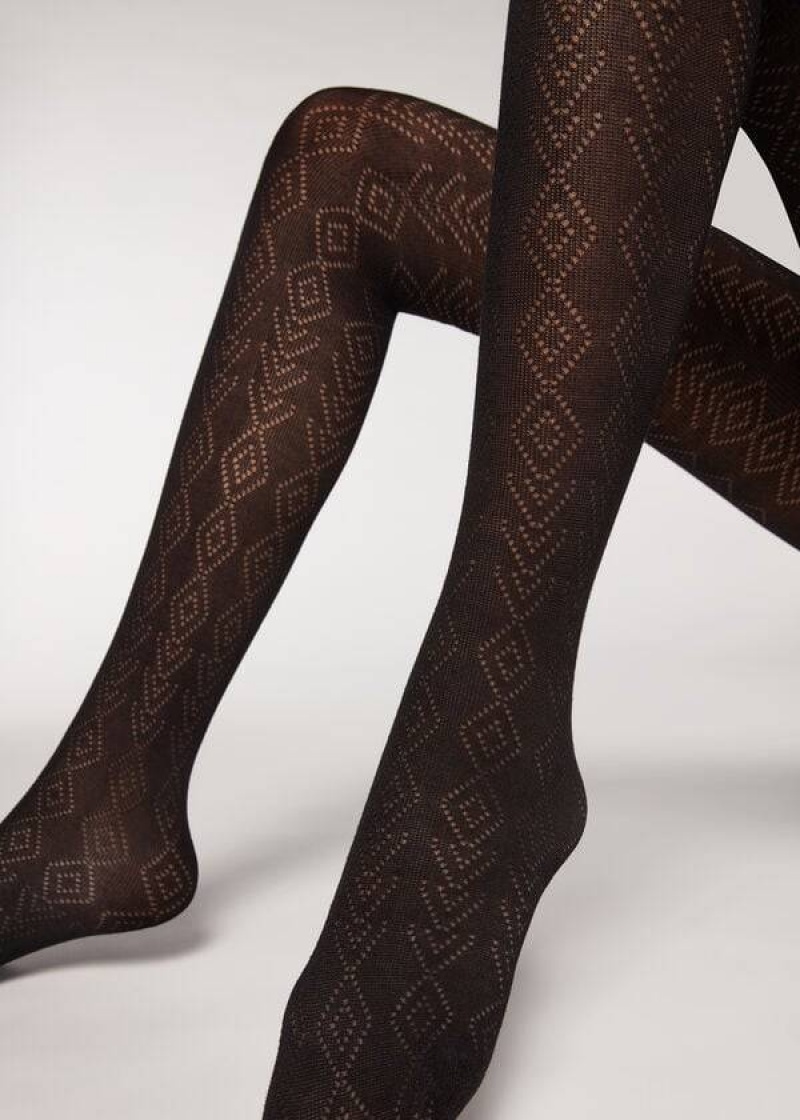 κολαν Calzedonia Diamond Pattern with Cashmere Patterned γυναικεια μαυρα | GR1093RW