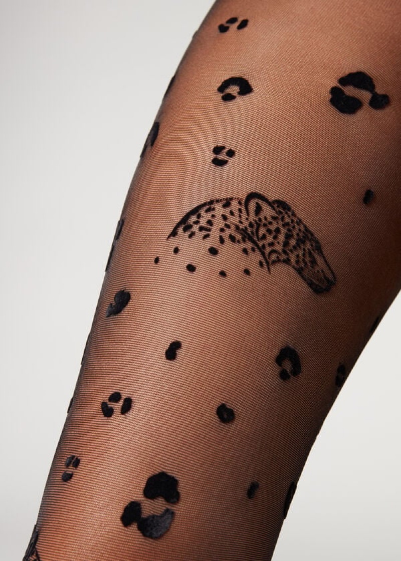 κολαν Calzedonia Flocked Leopard Print 30 Denier Patterned γυναικεια μαυρα | GR1096UT