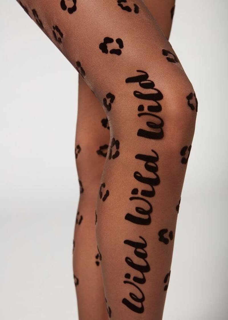 κολαν Calzedonia Flocked Wild Print 30 Denier Patterned γυναικεια μαυρα | GR1098OR