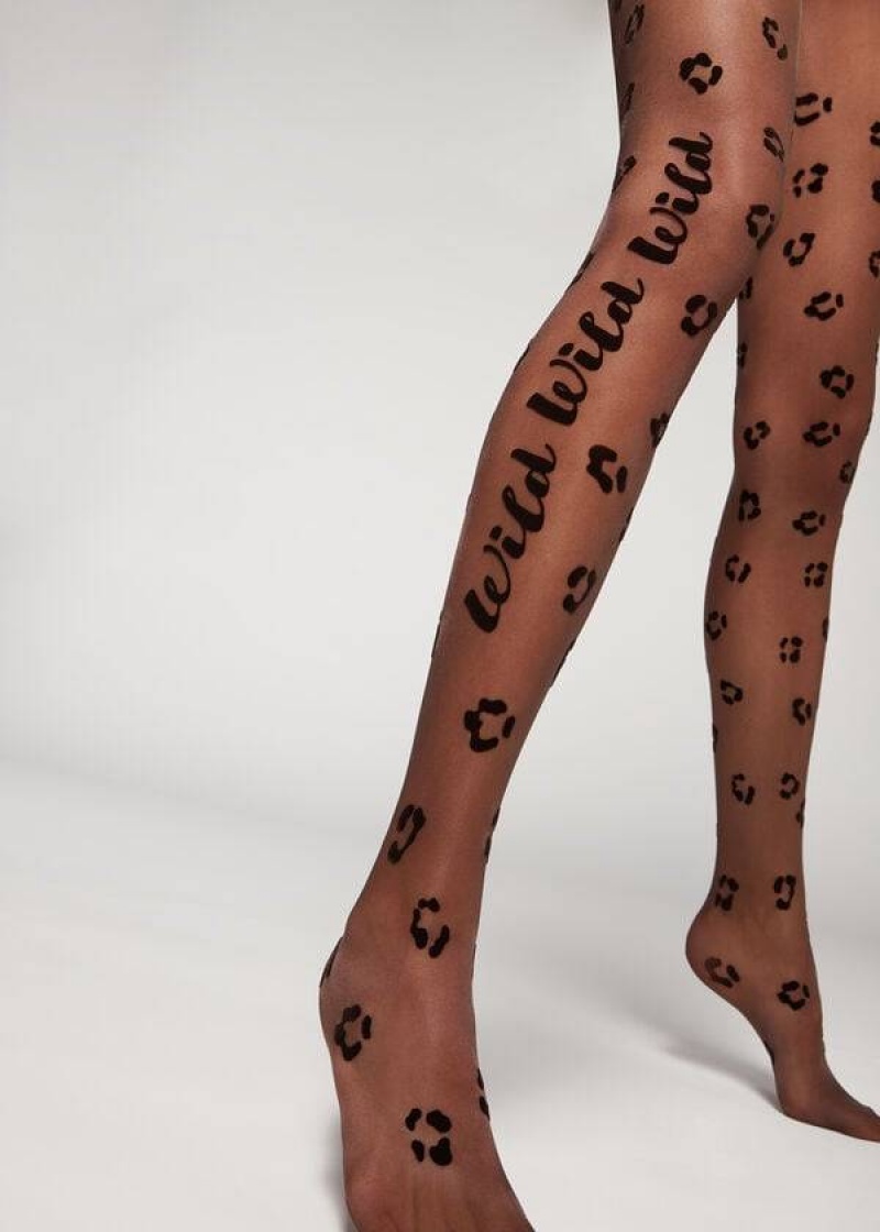 κολαν Calzedonia Flocked Wild Print 30 Denier Patterned γυναικεια μαυρα | GR1098OR