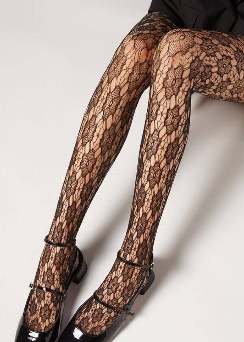 κολαν Calzedonia Floral-Motif Fishnet Patterned γυναικεια μαυρα | GR1101SO