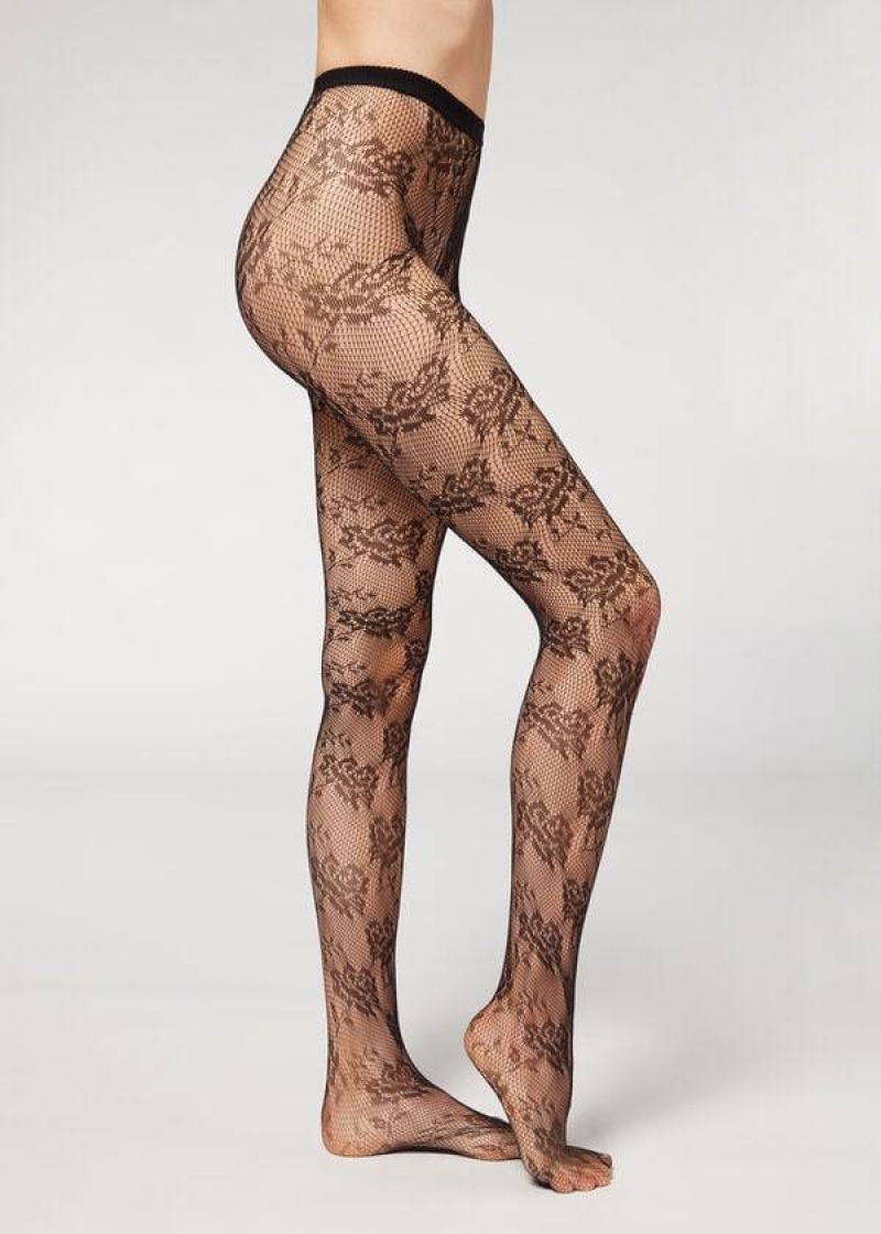 κολαν Calzedonia Floral δαντελα-Motif Fishnet Patterned γυναικεια μαυρα | GR1099PQ