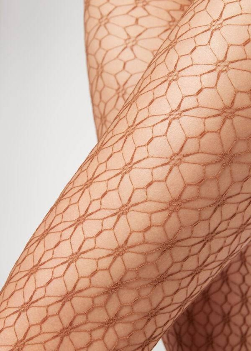κολαν Calzedonia Geometric-Motif Fishnet Patterned γυναικεια Μπεζ | GR1102DN