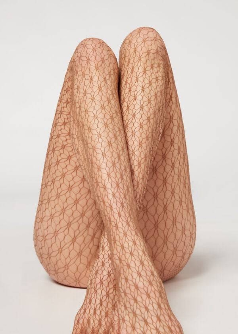 κολαν Calzedonia Geometric-Motif Fishnet Patterned γυναικεια Μπεζ | GR1102DN