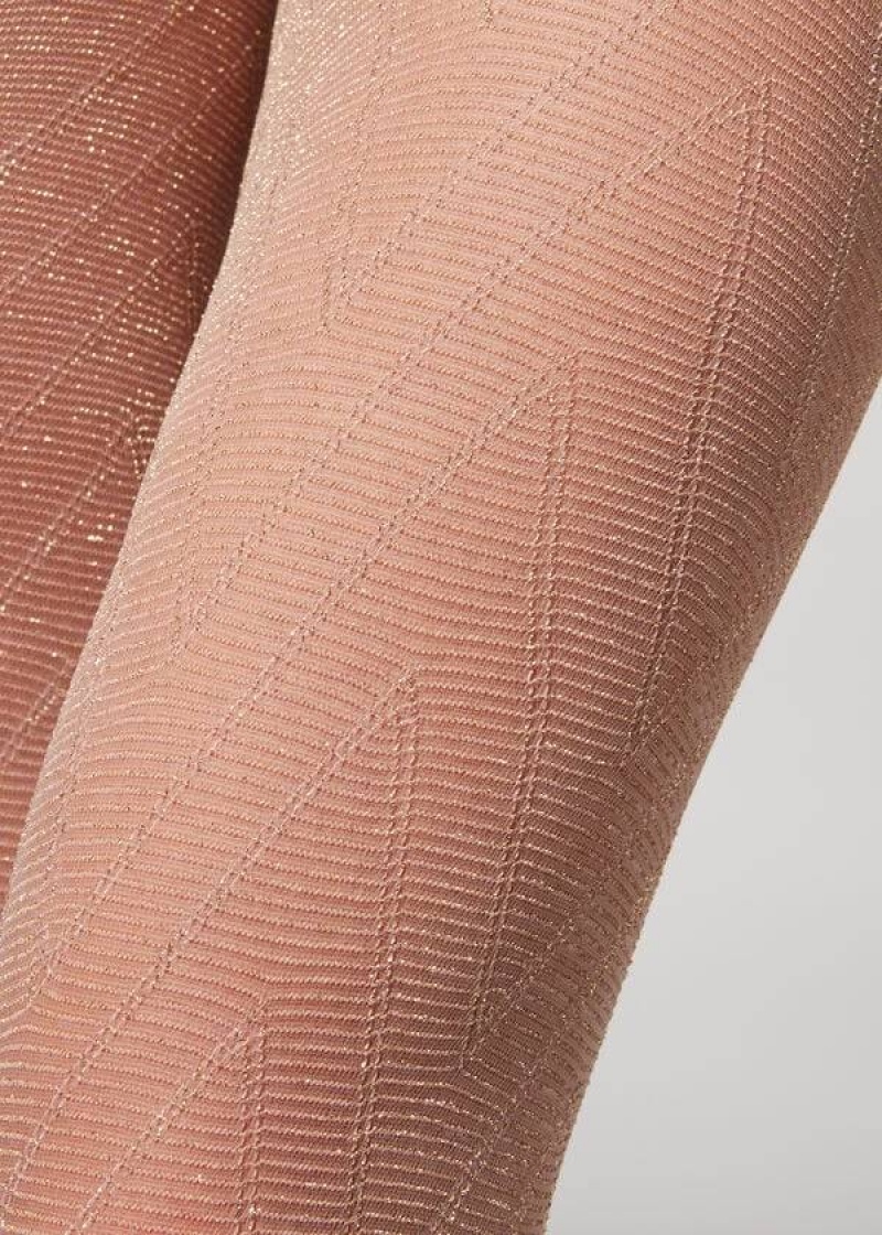 κολαν Calzedonia Glitter Chevron-Motif Micronet γυναικεια ροζ | GR1106JJ
