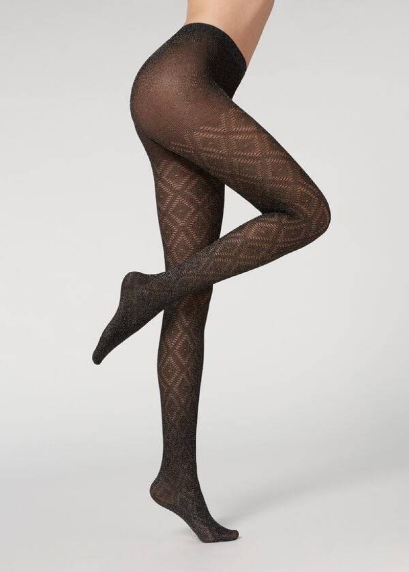 κολαν Calzedonia Glitter Diamond Pattern Patterned γυναικεια μαυρα ασημι | GR1107KI
