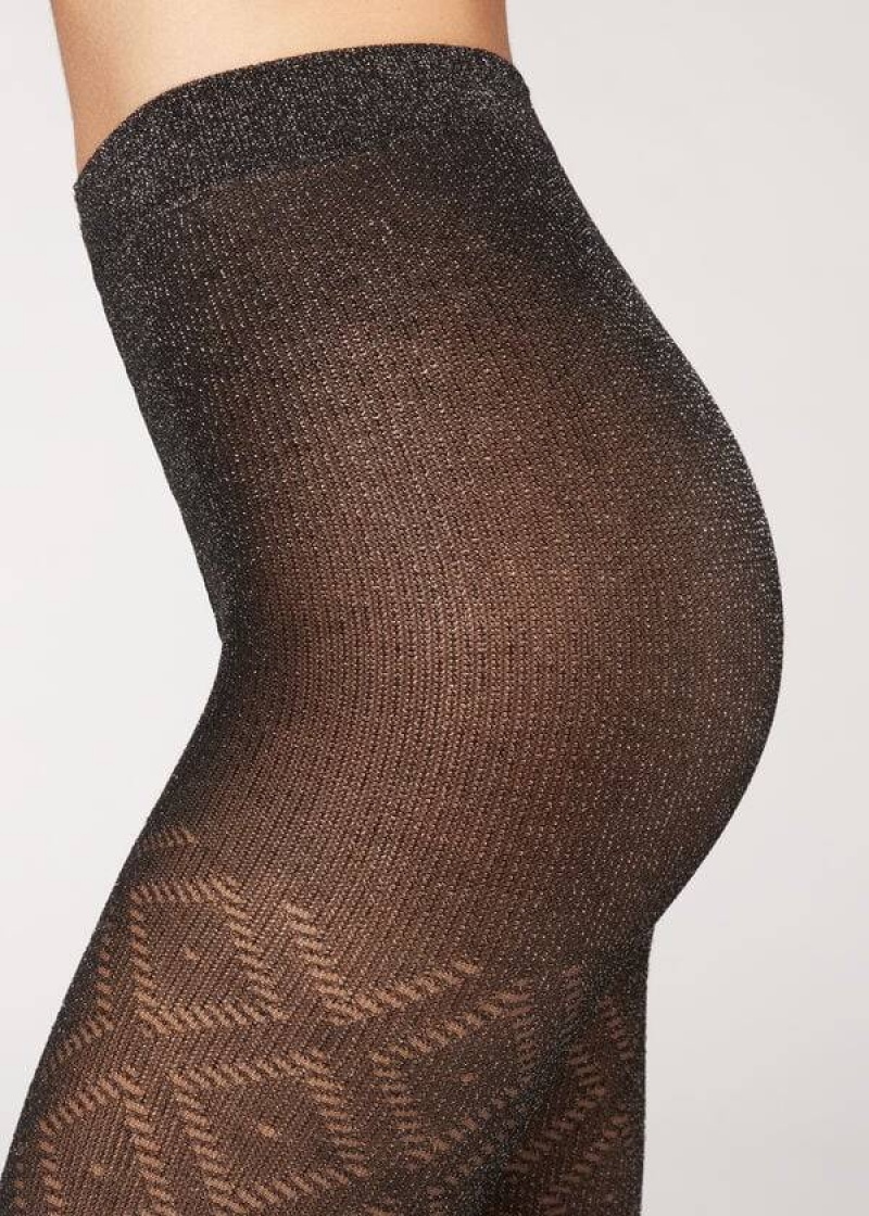κολαν Calzedonia Glitter Diamond Pattern Patterned γυναικεια μαυρα ασημι | GR1107KI