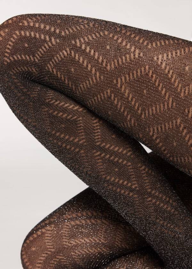 κολαν Calzedonia Glitter Diamond Pattern Patterned γυναικεια μαυρα ασημι | GR1107KI