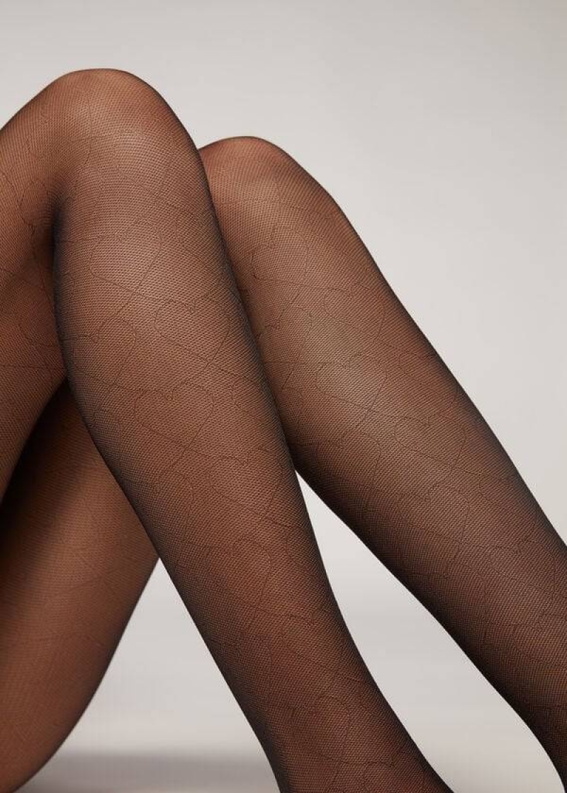 κολαν Calzedonia Heart-Motif Micronet Eco Patterned γυναικεια μαυρα | GR1108LH