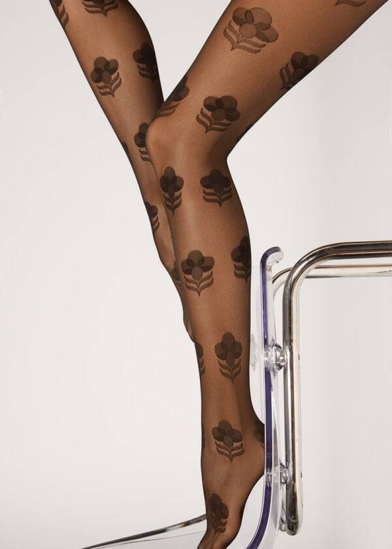 κολαν Calzedonia Large Floral Tulle Patterned γυναικεια μαυρα | GR1109ZG