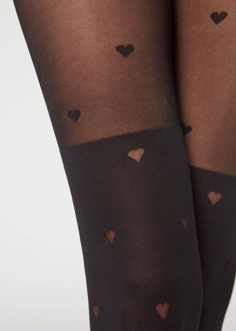κολαν Calzedonia Longuette-Effect Mini Heart-Motif Patterned γυναικεια μαυρα | GR1111CE