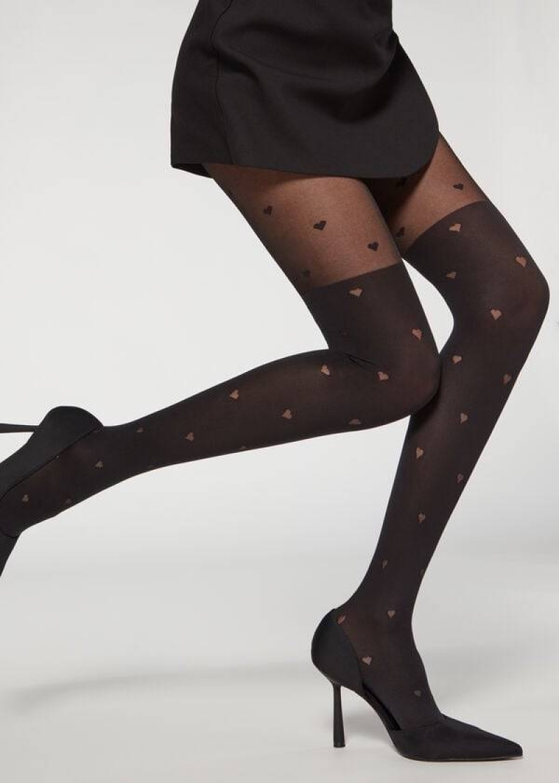 κολαν Calzedonia Longuette-Effect Mini Heart-Motif Patterned γυναικεια μαυρα | GR1111CE