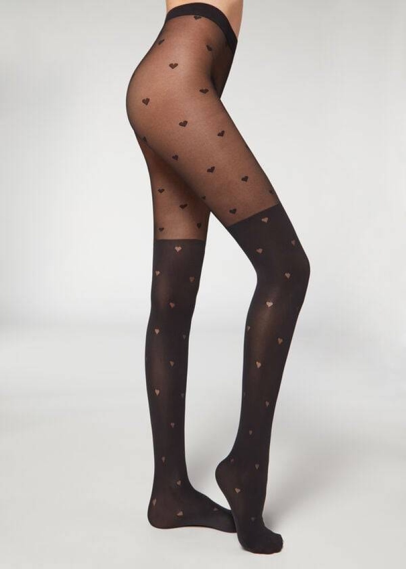 κολαν Calzedonia Longuette-Effect Mini Heart-Motif Patterned γυναικεια μαυρα | GR1111CE