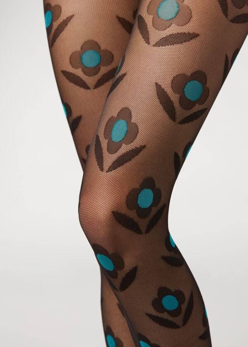 κολαν Calzedonia Macro Daisy Micronet Patterned γυναικεια μαυρα μπλε | GR1113BC
