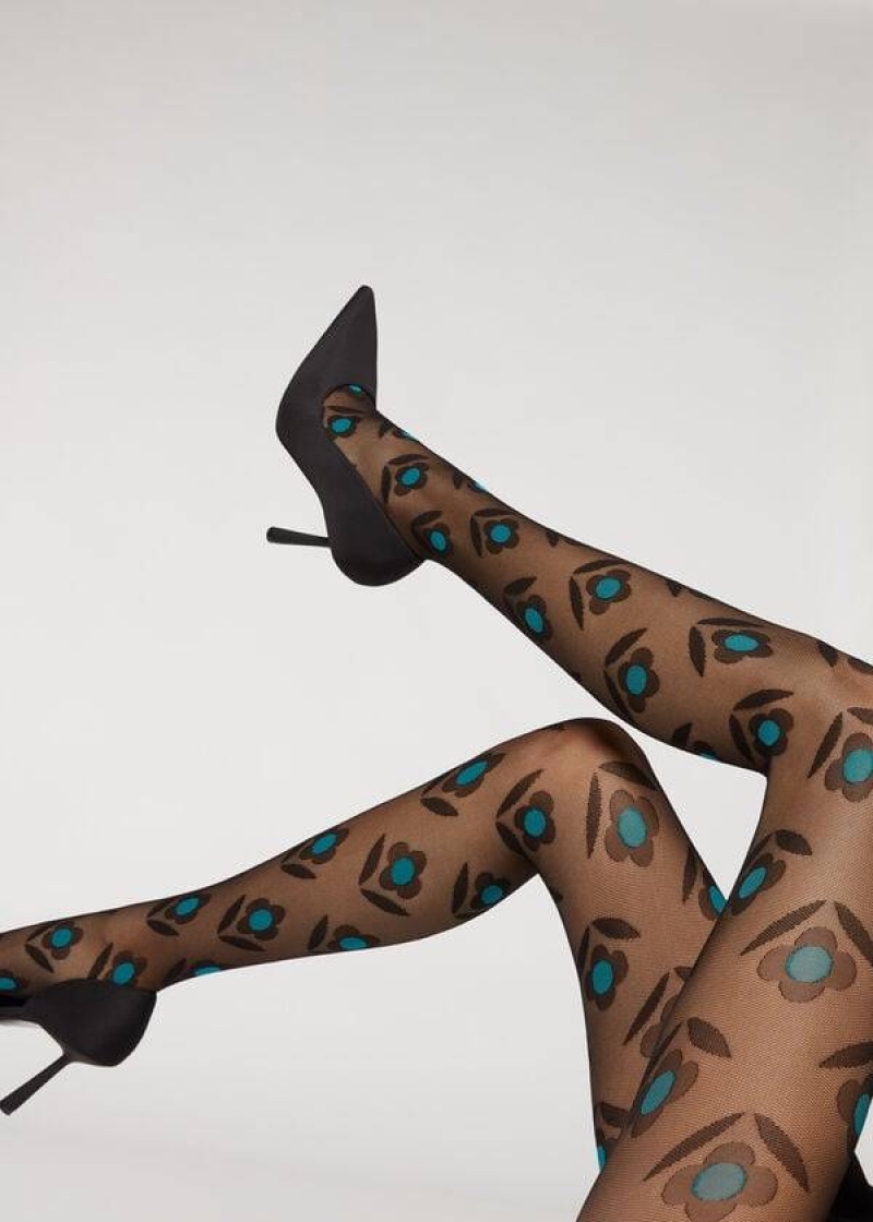 κολαν Calzedonia Macro Daisy Micronet Patterned γυναικεια μαυρα μπλε | GR1113BC