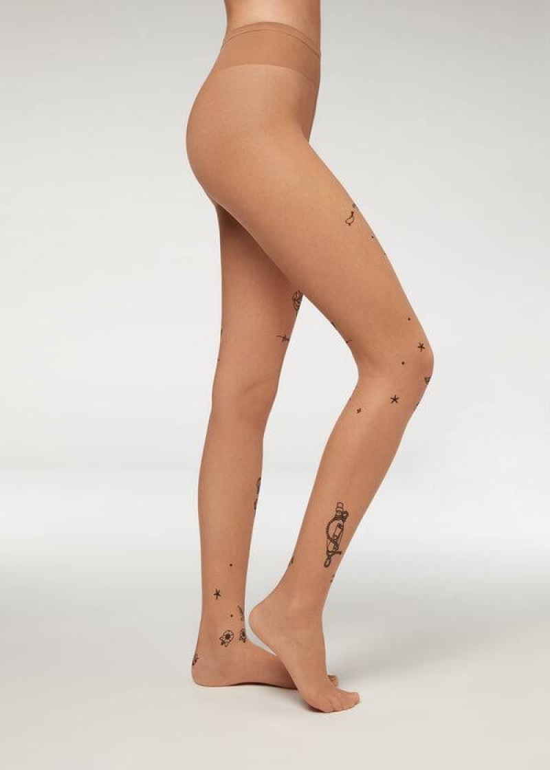 κολαν Calzedonia Marine Tattoo 20 Denier Sheer Patterned γυναικεια Μπεζ | GR1116QZ