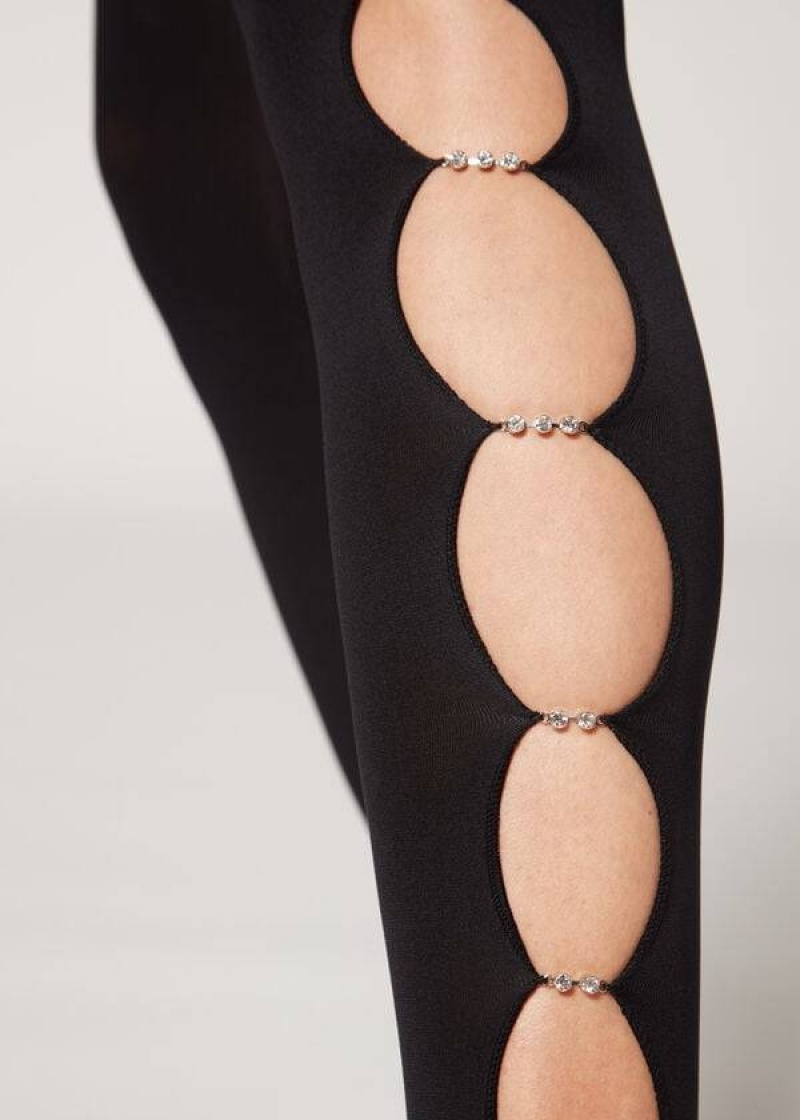 κολαν Calzedonia Rhinestone Cut Out 100 Denier Opaque Eco Patterned γυναικεια μαυρα | GR1121YU