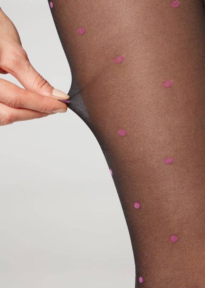 κολαν Calzedonia Sheer 30 Denier All-Over Polka-Dot Patterned γυναικεια μαυρα | GR1128DN