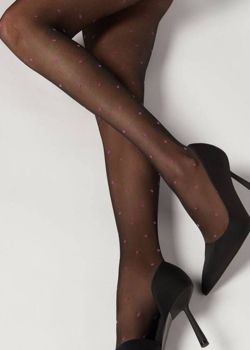 κολαν Calzedonia Sheer 30 Denier All-Over Polka-Dot Patterned γυναικεια μαυρα | GR1128DN