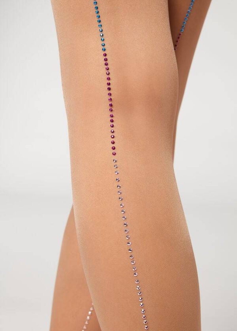κολαν Calzedonia Sheer 30 Denier Multicolored Rhinestone Stripe Patterned γυναικεια Μπεζ | GR1130GL