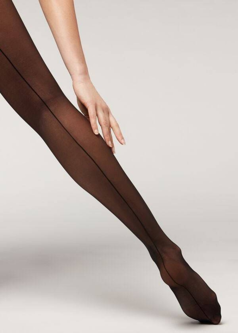 κολαν Calzedonia Total Shaper Back Seam Patterned γυναικεια μαυρα | GR1132JJ