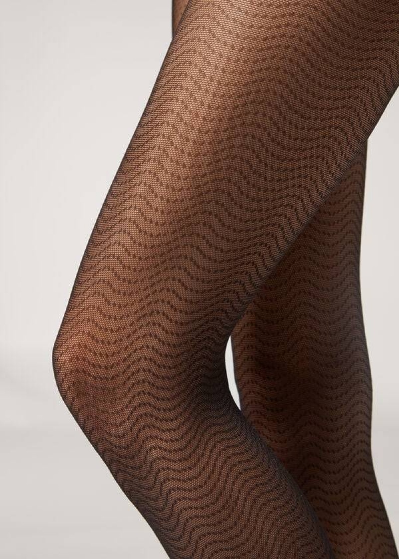 κολαν Calzedonia Wave-Motif Micronet Patterned γυναικεια μαυρα | GR1133KI