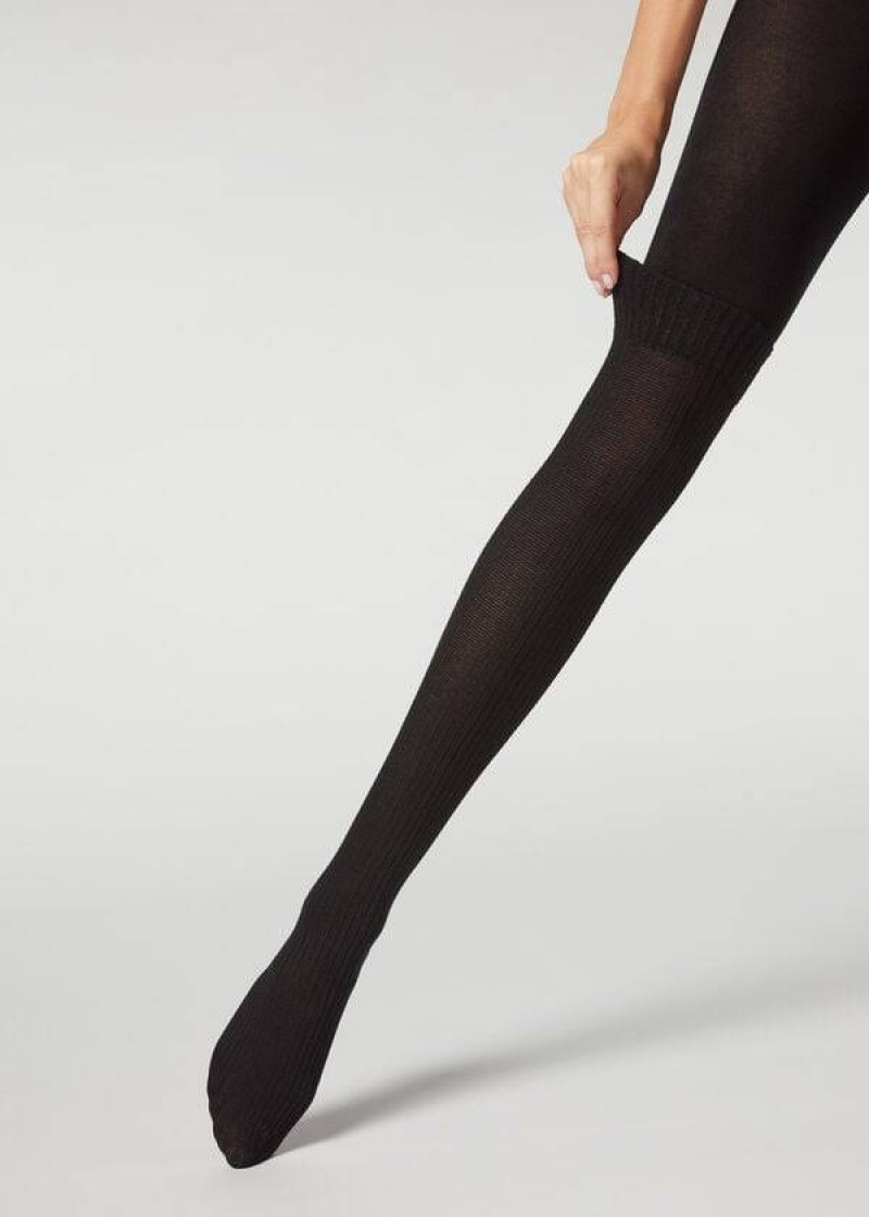 κολαν Calzedonia Πλευρωτός Longuette Effect with Cashmere Patterned γυναικεια μαυρα | GR1125PQ