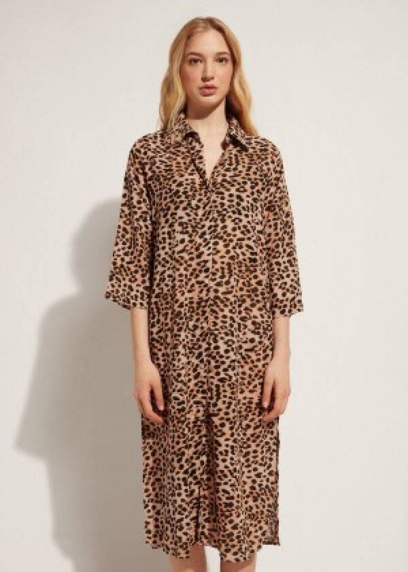 Cover Ups Calzedonia Animal Patterned Midi Shirt γυναικεια καφε | GR2067HK