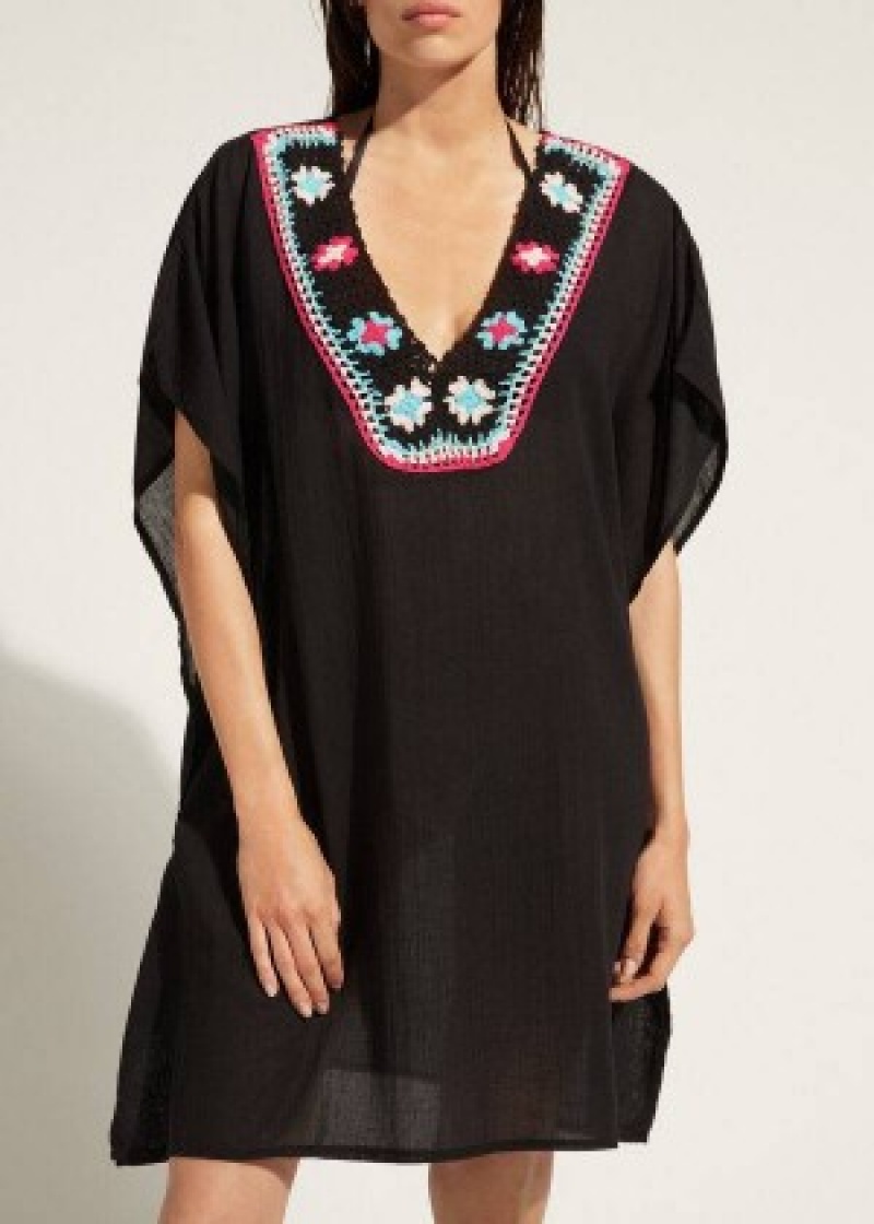 Cover Ups Calzedonia Crochet Neckline Kaftan γυναικεια μαυρα | GR2074VD