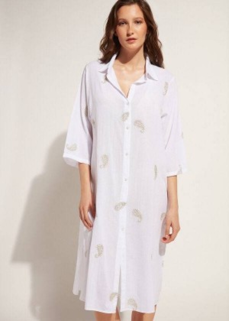 Cover Ups Calzedonia Embroidered Paisley Lamé Midi Shirt γυναικεια ασπρα | GR2079WY