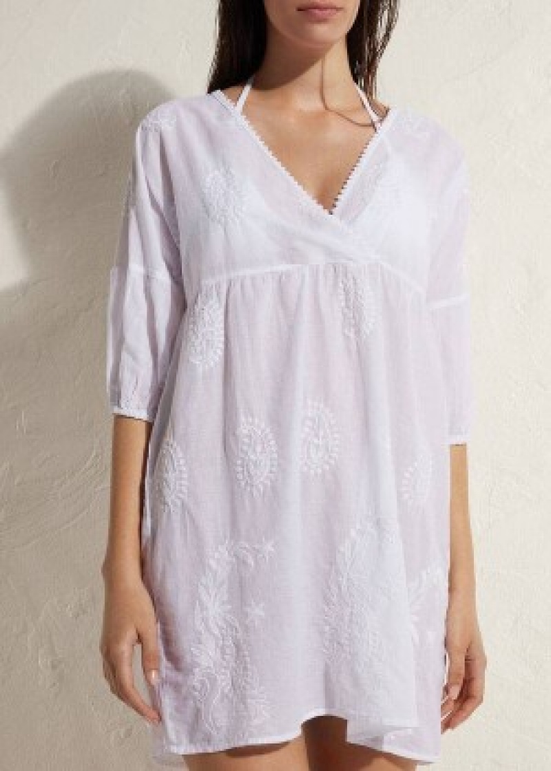 Cover Ups Calzedonia Embroidered φορεμα γυναικεια ασπρα | GR2078QZ