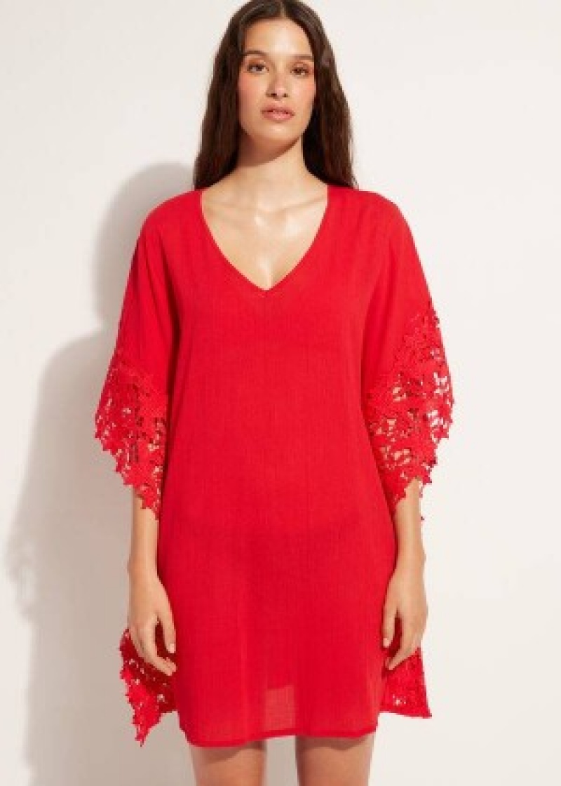 Cover Ups Calzedonia Floral Macramé δαντελα Caftan γυναικεια κοκκινα | GR2080EX