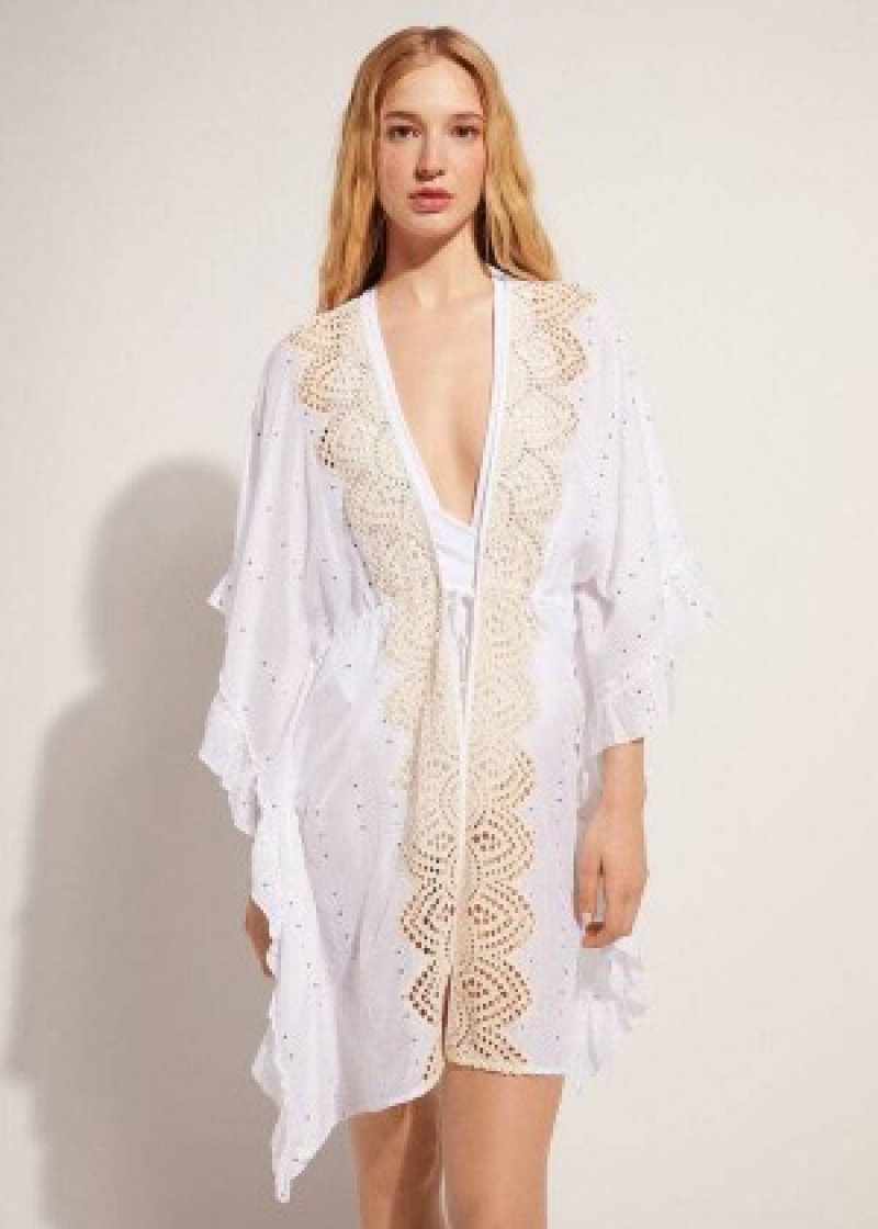 Cover Ups Calzedonia Kimono Caftan with Sangallo δαντελα and Sequins γυναικεια ασπρα | GR2085IS