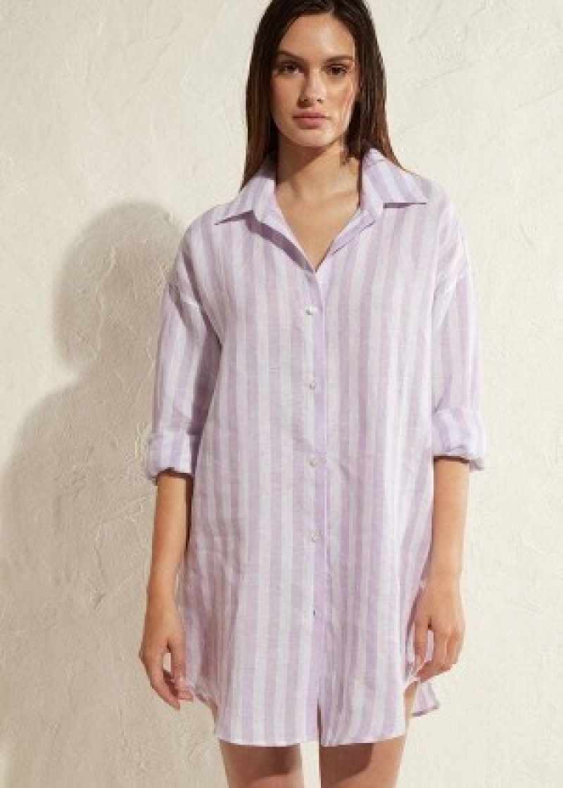 Cover Ups Calzedonia Linen Shirt γυναικεια μωβ ασπρα | GR2086OR