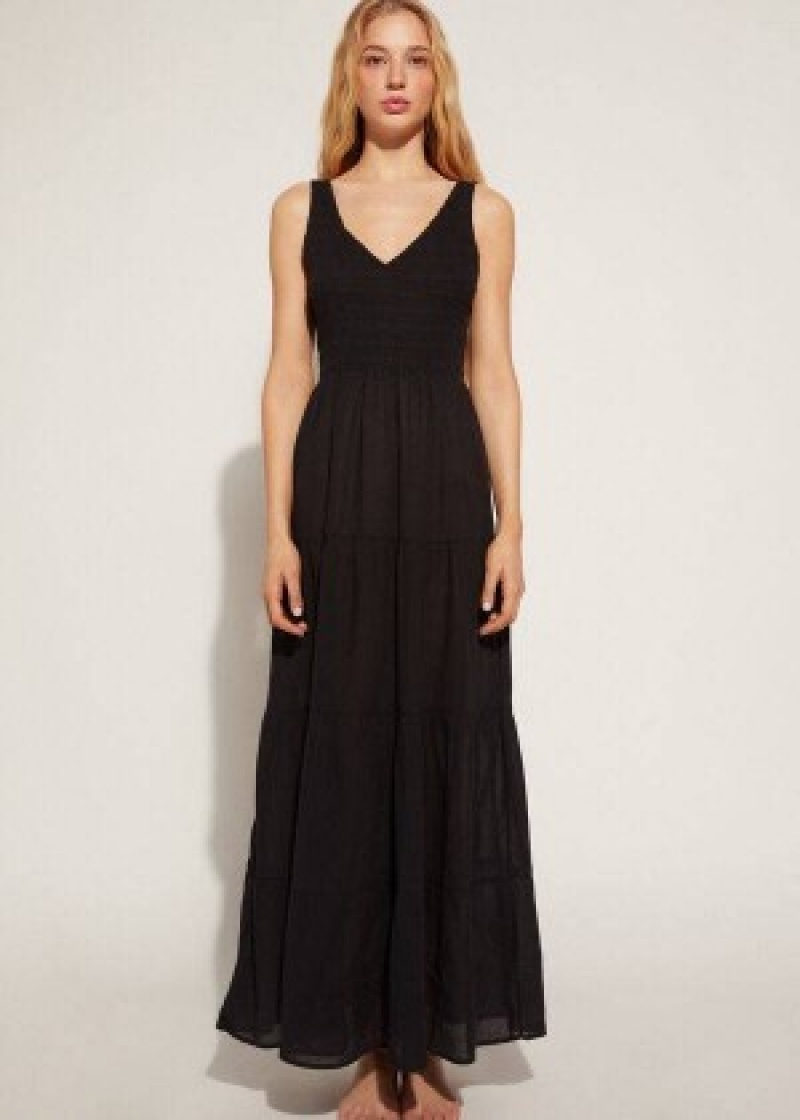Cover Ups Calzedonia Long φορεμα with Ruffled Skirt γυναικεια μαυρα | GR2100VD
