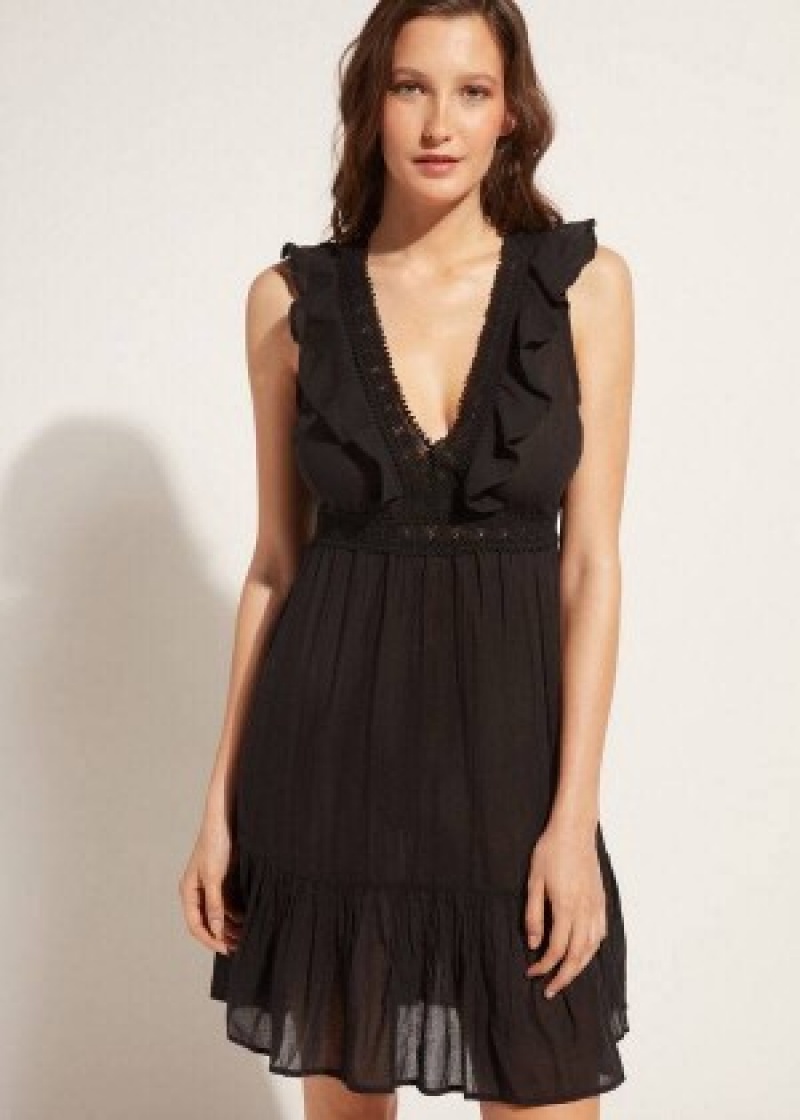 Cover Ups Calzedonia Mini φορεμα with Ruffle and Passementerie γυναικεια μαυρα | GR2106EX