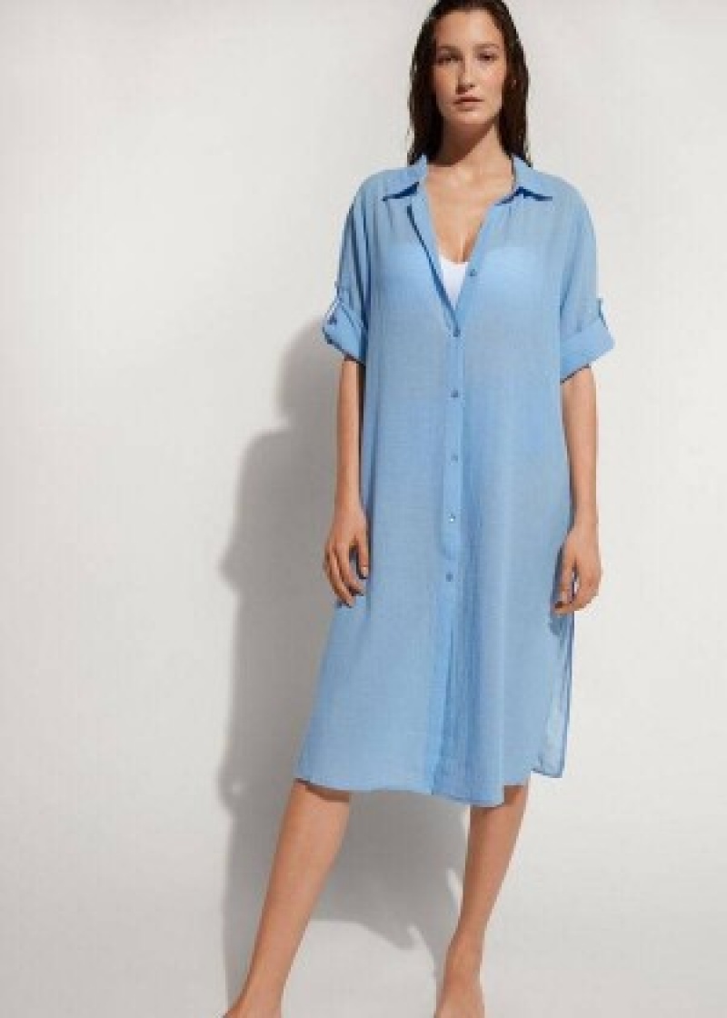 Cover Ups Calzedonia βαμβακερα Maxi Shirt γυναικεια μπλε | GR2069KI