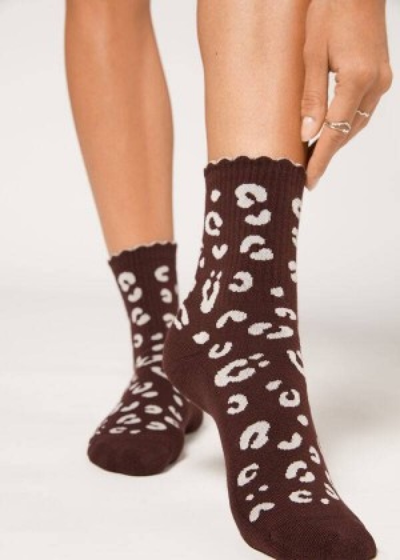 καλτσεσ Calzedonia Animal Print Πλευρωτός κοντο γυναικεια καφε | GR2333LH