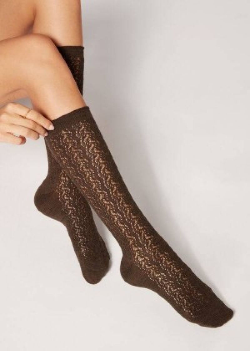 καλτσεσ Calzedonia Knee High with Open Knit Μαλλί Long γυναικεια καφε | GR2242OR