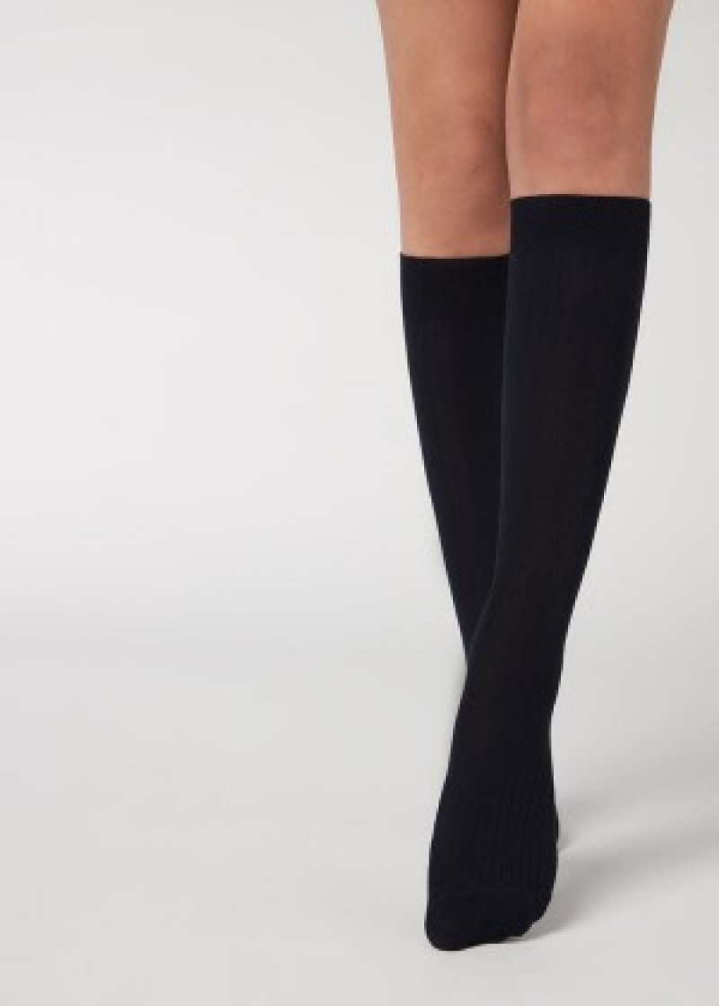 καλτσεσ Calzedonia Πλευρωτός Long with Cashmere γυναικεια μπλε | GR2253ZG