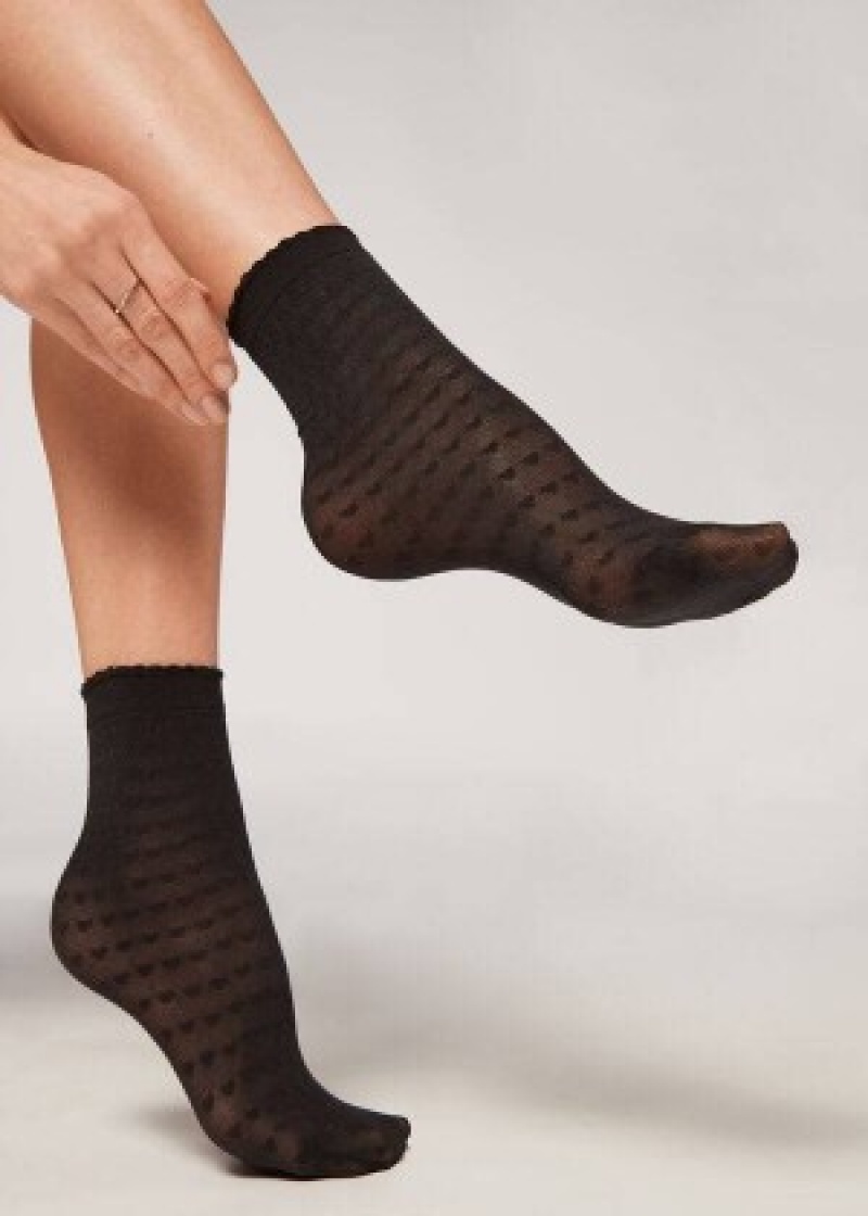 καλτσεσ Calzedonia Heart Motif Mesh κοντο γυναικεια μαυρα | GR2443DN