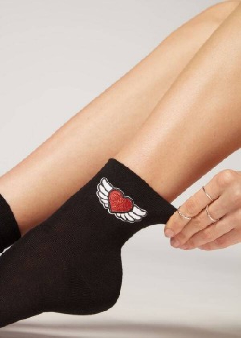 καλτσεσ Calzedonia Winged Heart Appliqué κοντο γυναικεια μαυρα | GR2557EX