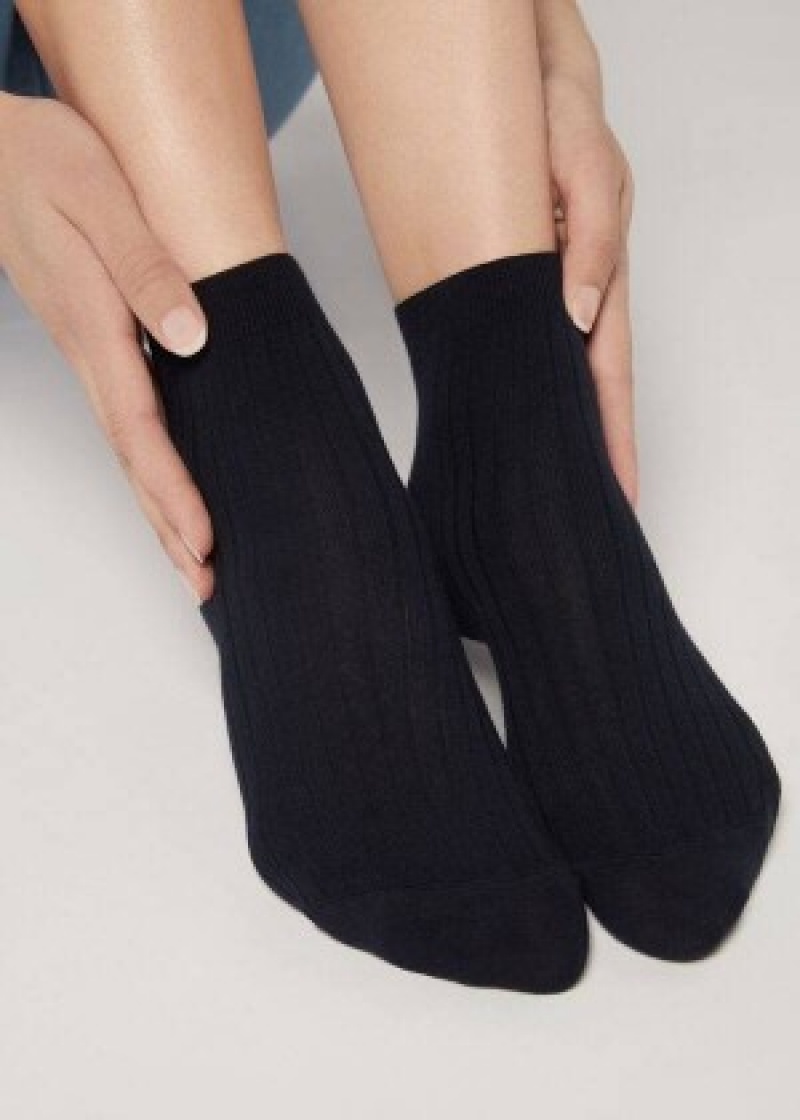 καλτσεσ Calzedonia κοντο Πλευρωτός with βαμβακερα and Cashmere γυναικεια μπλε | GR2512CE