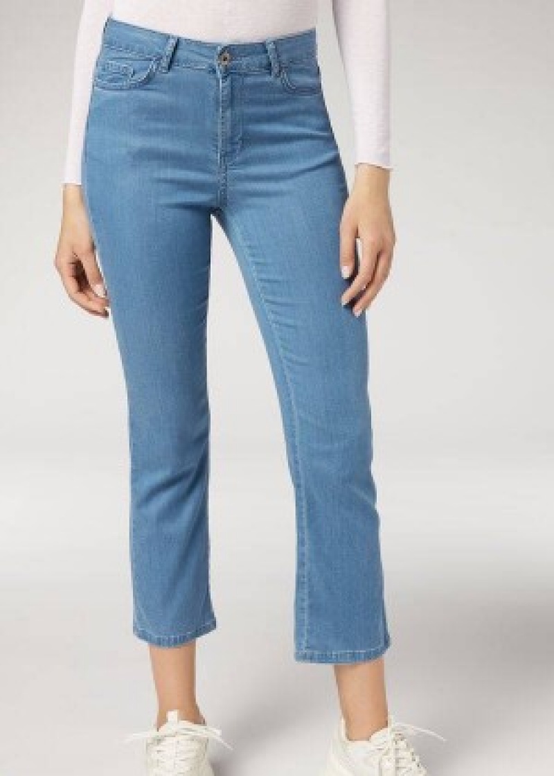 τζιν παντελονι Calzedonia Eco Light Flared Cropped Denim γυναικεια μπλε | GR2570HK