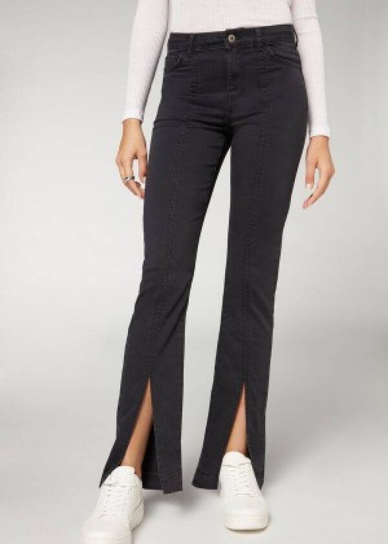 τζιν παντελονι Calzedonia Front Slit γυναικεια μαυρα | GR2597GL