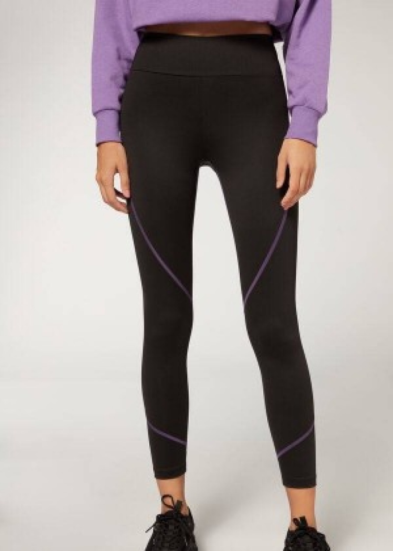 κολαν Calzedonia Contrast Seam Performance Αθλητικά γυναικεια μαυρα μωβ | GR2635RW